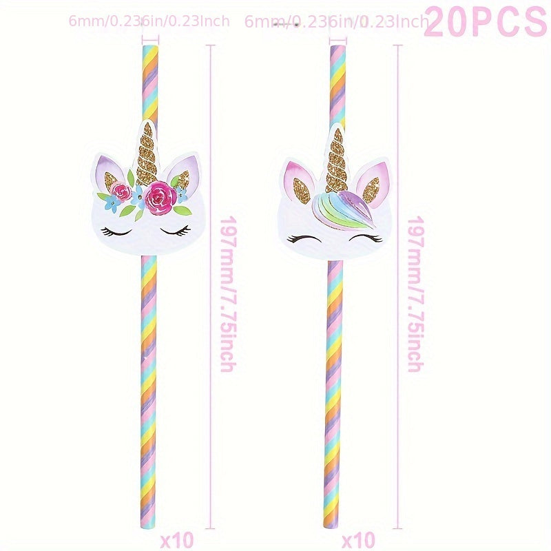 Set of 20 Unicorn Paper Straws for Parties, Birthdays, Weddings, Baby Showers