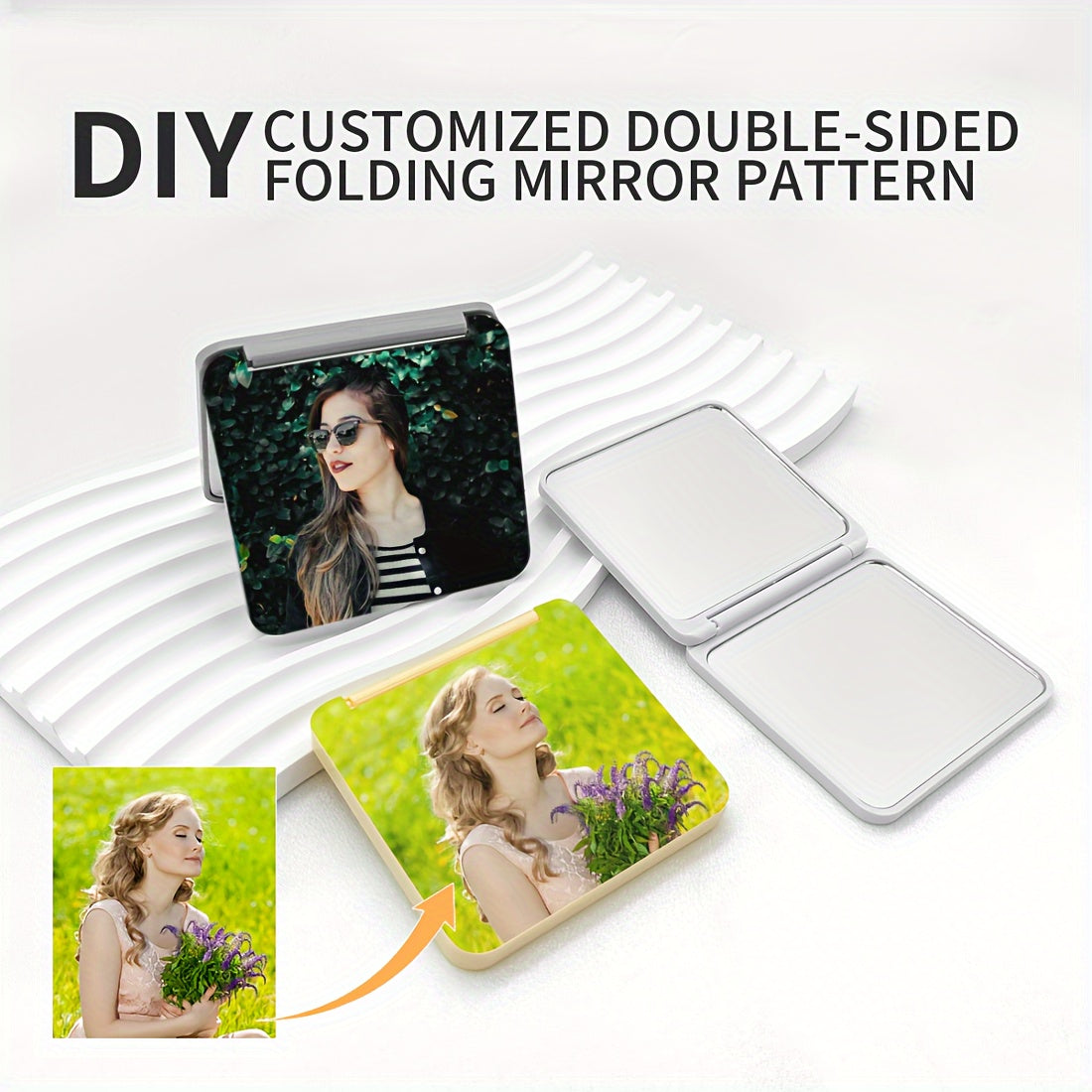 Personalized Floral Mini Makeup Mirror with Custom Photo and Text for Travel and Purses
