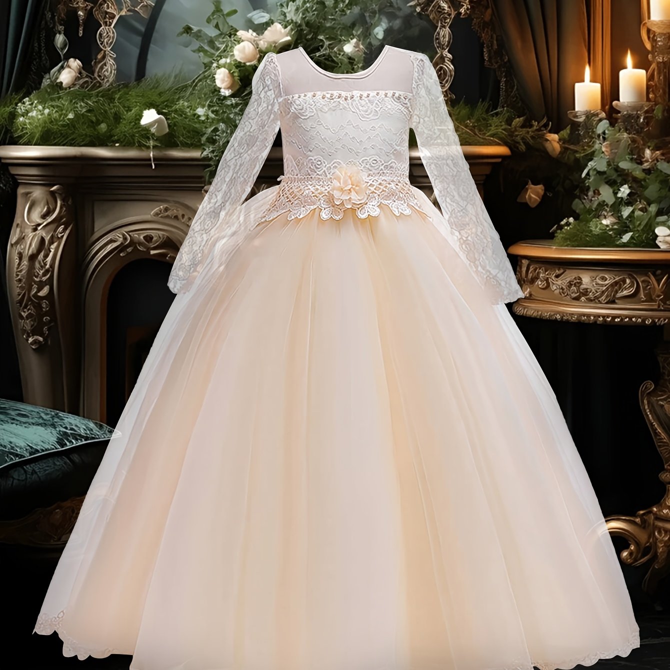 Girls' Long Sleeve Lace Dress with Pearl Embellishments and Bow Waist for Weddings and Parties