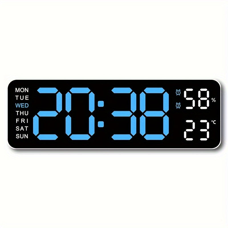 Large Digital Wall Clock with Dual Alarm Temperature Humidity Date Display