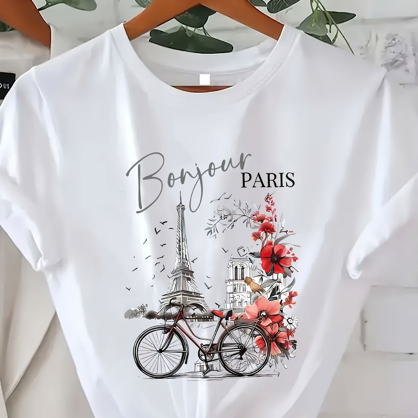 Camiseta de manga corta de verano casual con cuello redondo y estampado de París para mujer talla grande