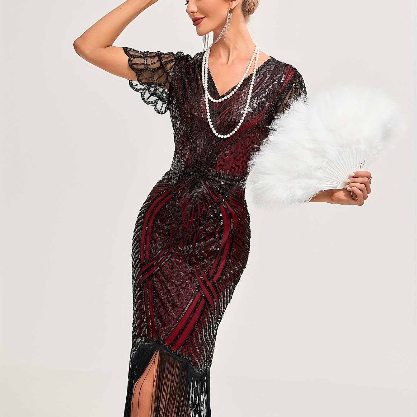 Women's Sequin V-Neck Midi Dress with Tassels and Embroidery