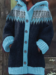 Abrigo de punto con capucha y patrón geométrico para mujer talla grande, suéter, abrigo, otoño e invierno, manga larga