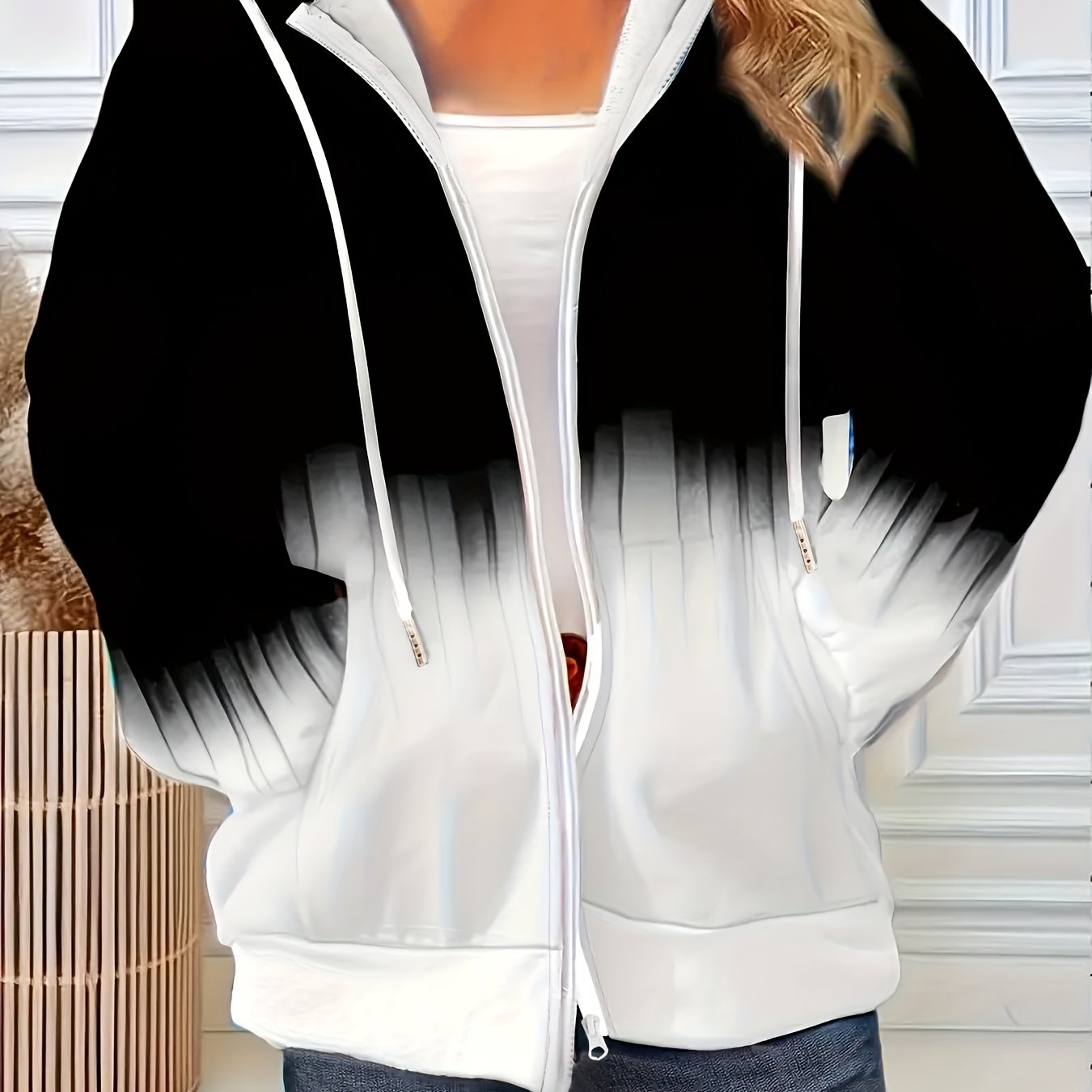 Women's Plus Size Hoodie Zip-Up Jacket Black to White Ombre Outerwear