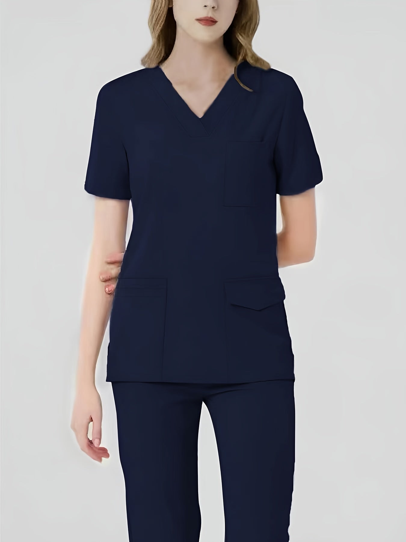 Women's Health Care Uniform Set V-Neck Top with Pockets and Solid Pants