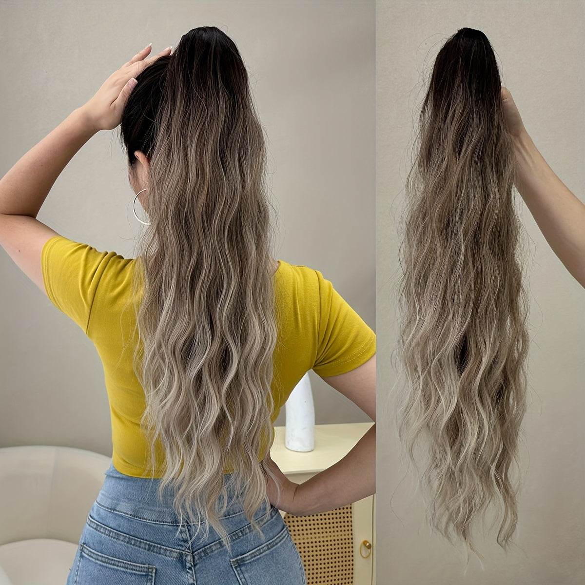 Women's 24-Inch Long Wavy Synthetic Ponytail Extension Drawstring Deep Wave