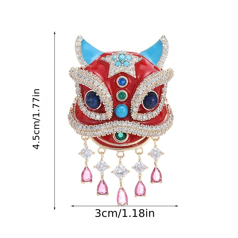 Vintage Chinese Lion Brooch with Glass Rhinestones Animal Lapel Pin Jewelry