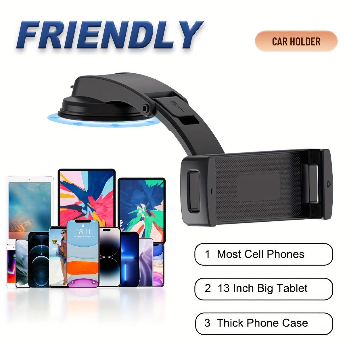 Planshetlar va telefonlar uchun avtomobil paneli o'rnatgich, suv o'tkazmaydigan ABS, 10-33 sm qurilmalarga mos keladi