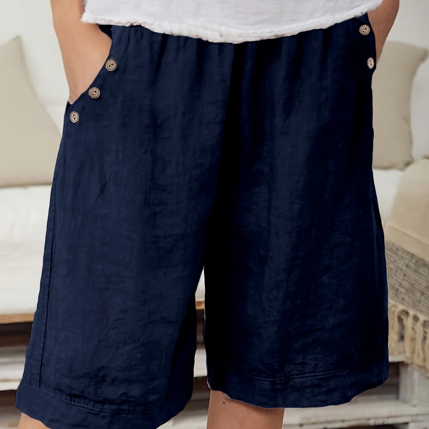 Pantalones cortos casuales de color sólido para mujer, poliéster, gris claro, ajuste relajado, verano