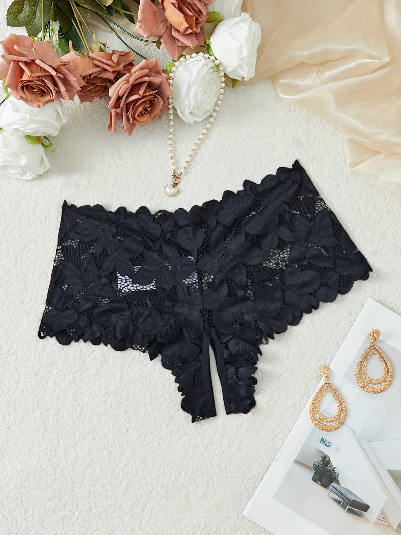 Women's Plus Size Black Lace Trim Bikini Briefs with Floral Embroidery