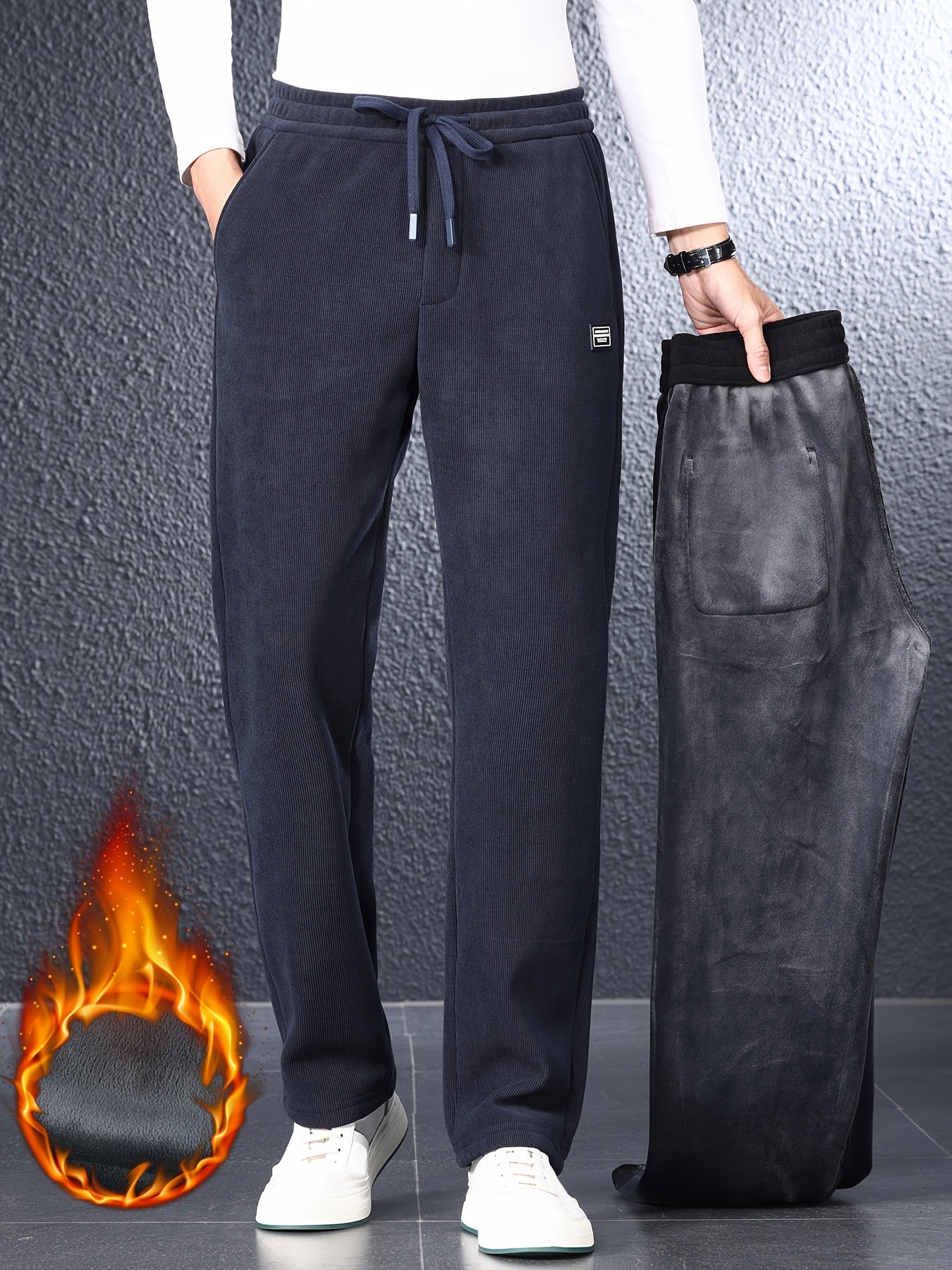 Men's Casual Joggers Polyester Knit Solid Regular Fit Mid Waist Winter Warmth