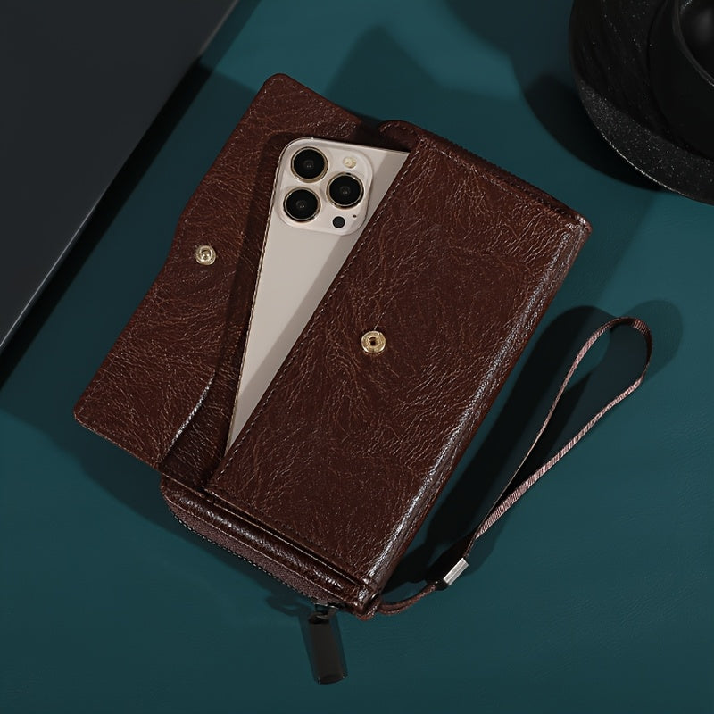 Cartera vintage marrón retro para hombres y mujeres con cierre de cremallera, ranuras para tarjetas, compartimento oculto y bolsillo para fotos