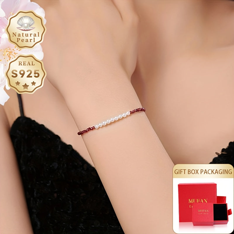 Women's Freshwater Pearl and Garnet Beaded Necklace with Silver Clasp