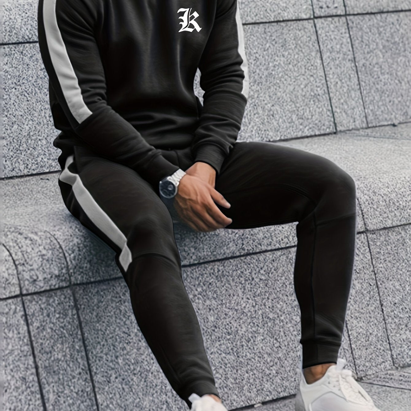 Men's Polyester Casual Tracksuit with Letter Print Crew Neck Sweatshirt and Joggers for Fall Winter