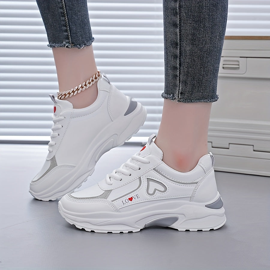 Women's White Sneakers with Black Accents Casual Running Shoes Thick Sole