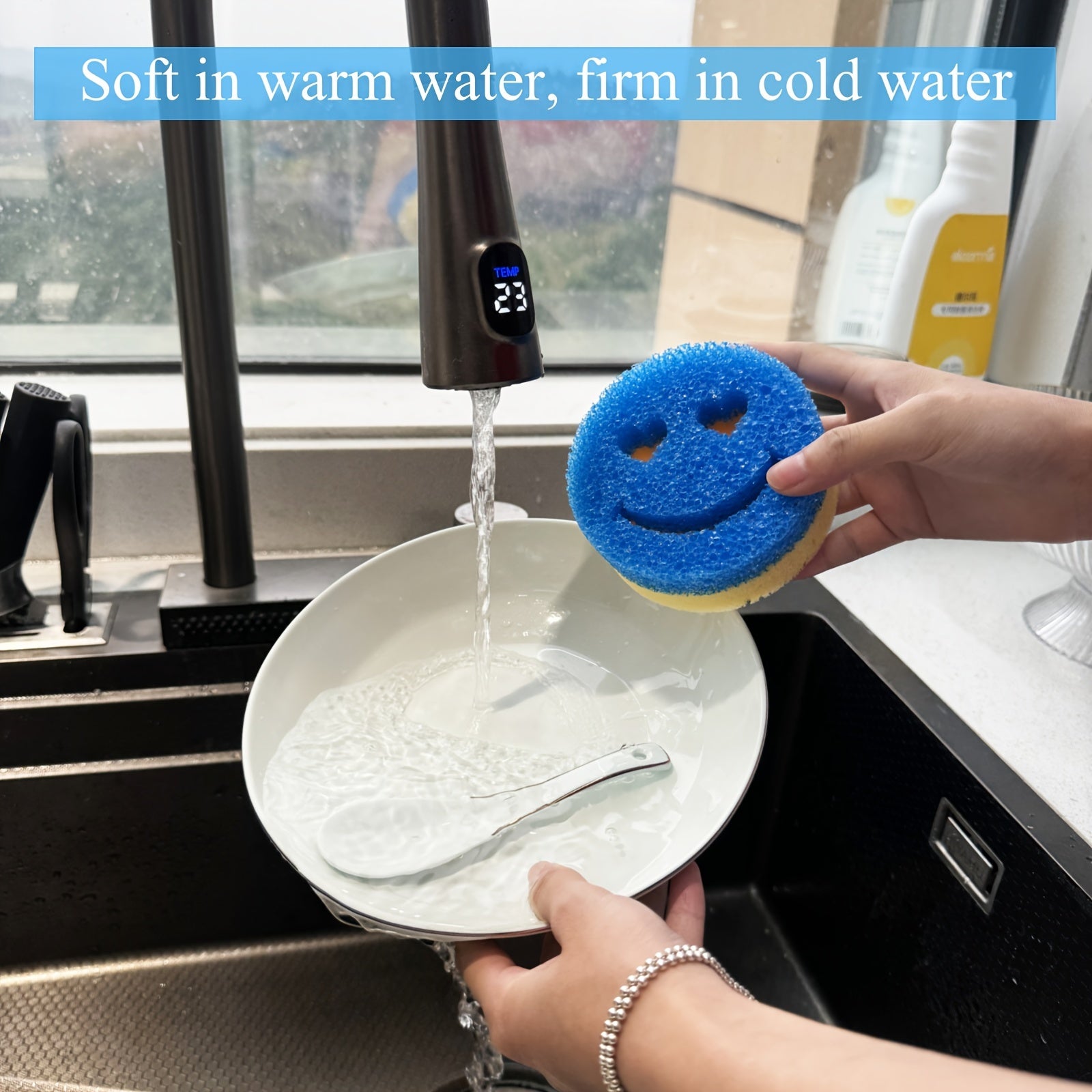 Temperature-Sensitive Durable PC Cleaning Sponges Pack of 2-8 for Kitchen Bathroom Glass