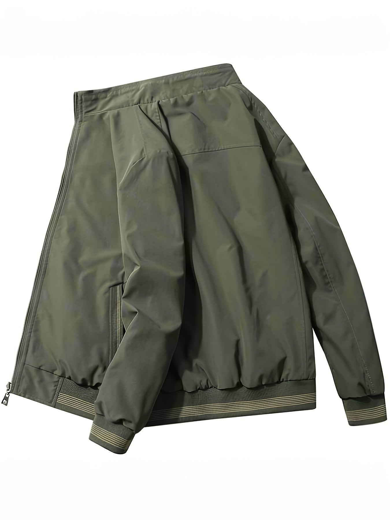 Erkaklar uchun zaytun yashil fermuarlı kurtka, turli tomonli dizayn va cho'ntaklar bilan. Mashinada yuvish mumkin va tasodifiy kiyim uchun zamonaviy.