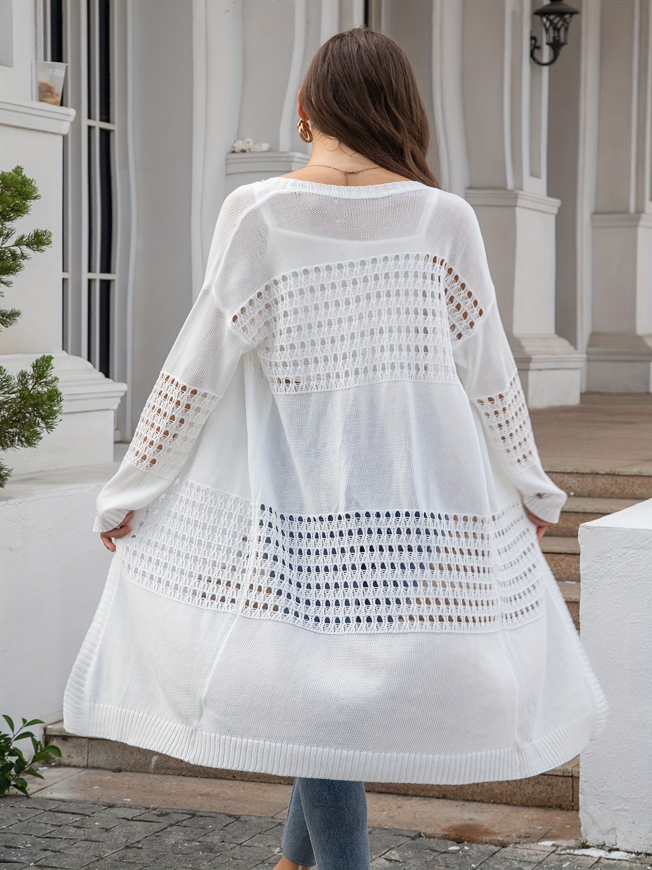 Кардиган женский в крупном размере из трикотажа с длинными рукавами, открытая передняя часть, вышивка, свободный крой