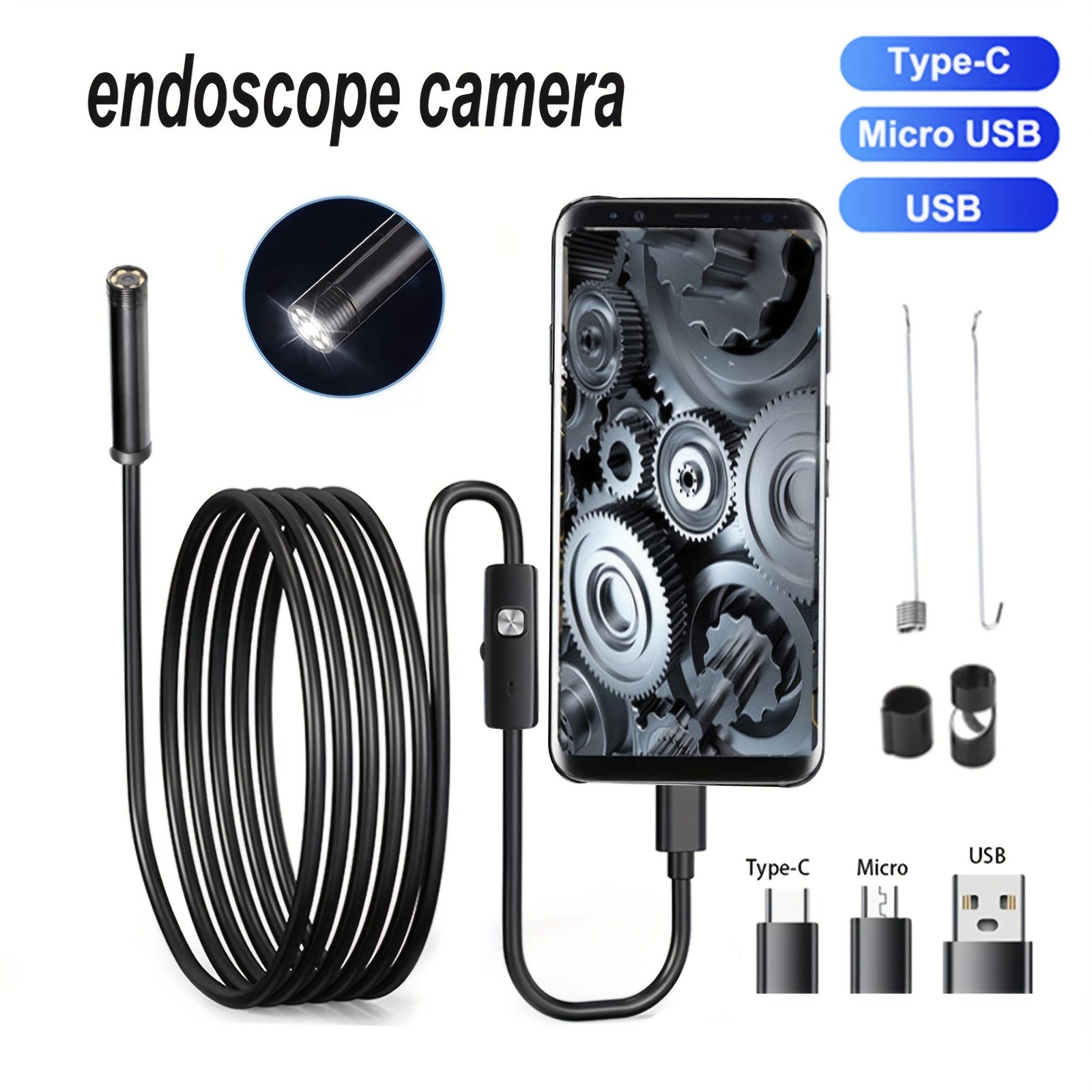 Industrial Endoscope Camera 5mm Diameter for Android Phones 1-10m Pipeline Inspection Automotive Repair Visual Inspection