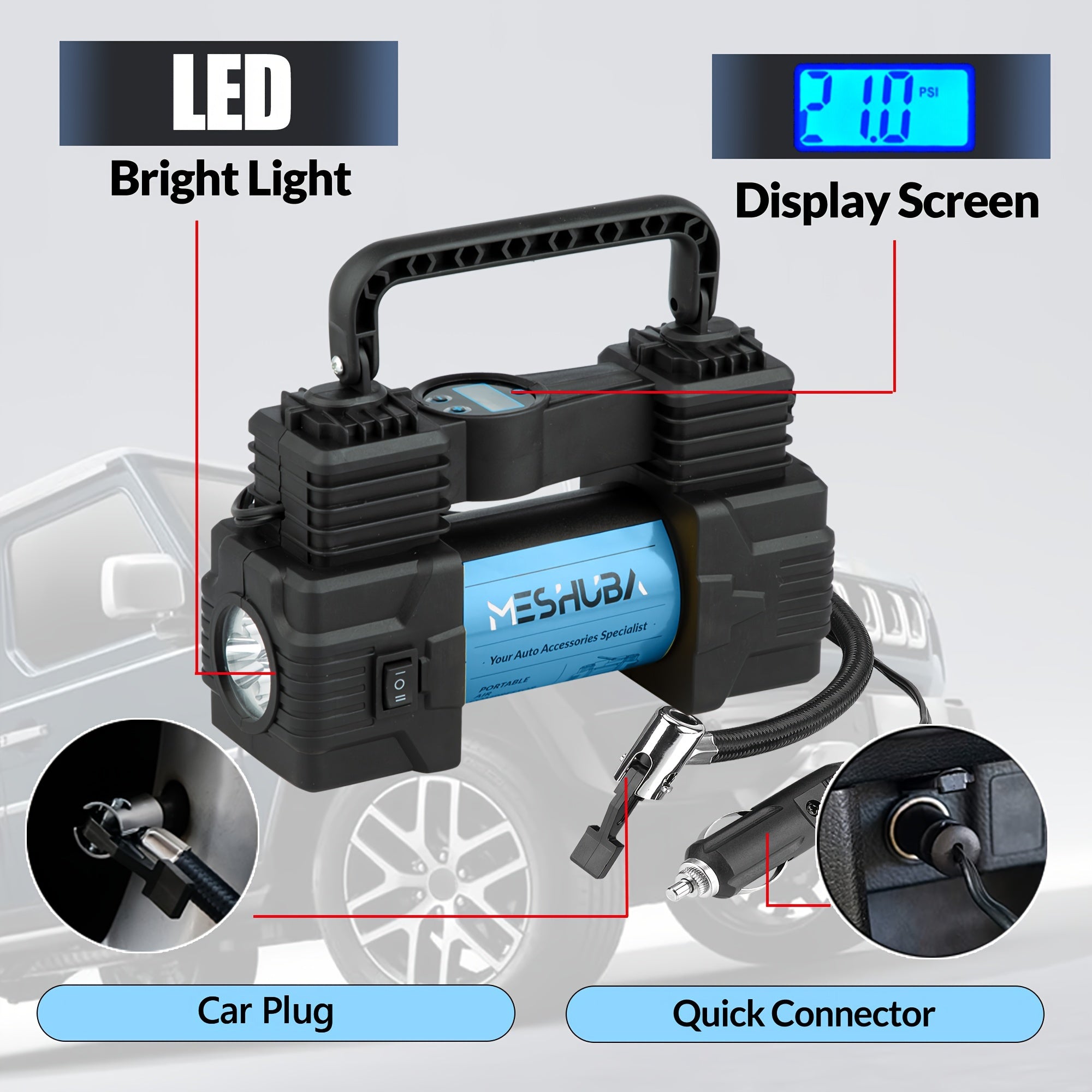 12V Portable Tire Inflator High-Pressure Air Compressor Digital Gauge for Cars Bikes Blue