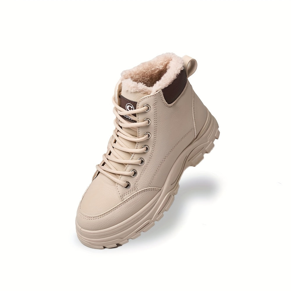 Women's Snow Boots Thick Sole High-Top Warm Leather Lace-Up White