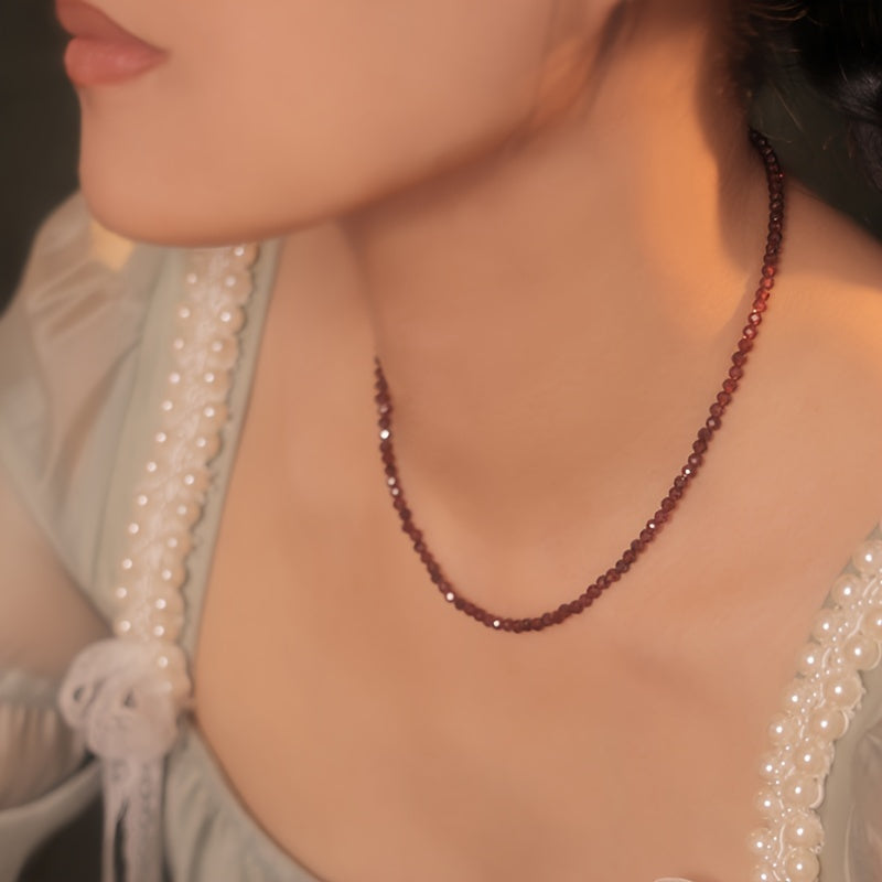 Garnet Jewelry Set with Beaded Necklace and Bracelet Boho Style Natural Gemstone Hypoallergenic Dual Layer Silk Thread