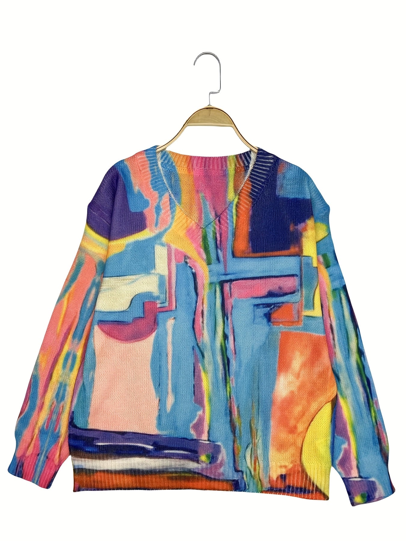 Top de manga larga con escote en V y estampado tie-dye para mujer talla grande, suéter casual oversize
