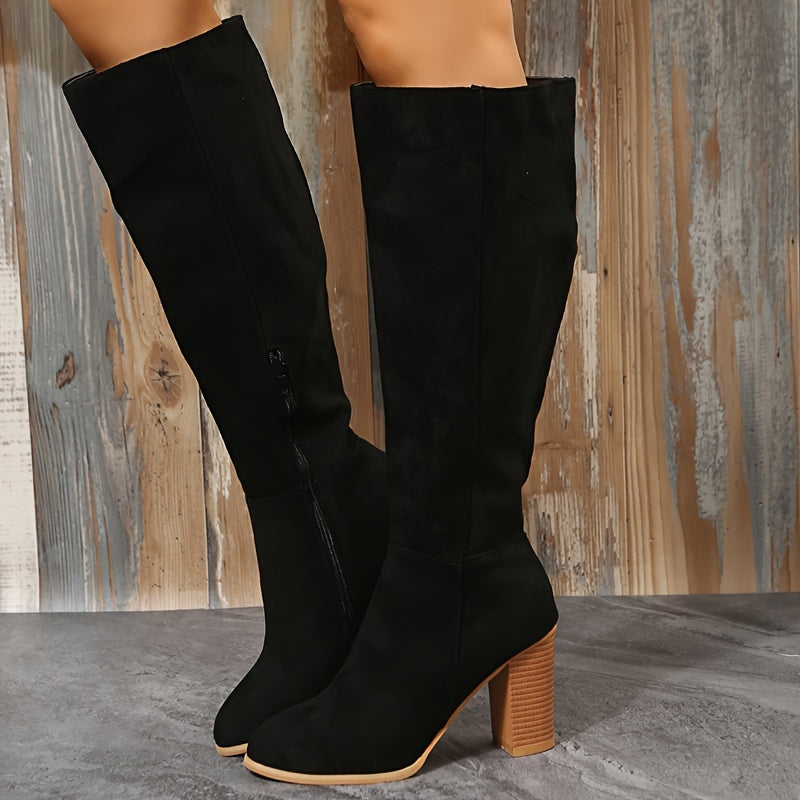 Women's Leather Knee-High Boots with Chunky Heel Zipper for Fall and Winter