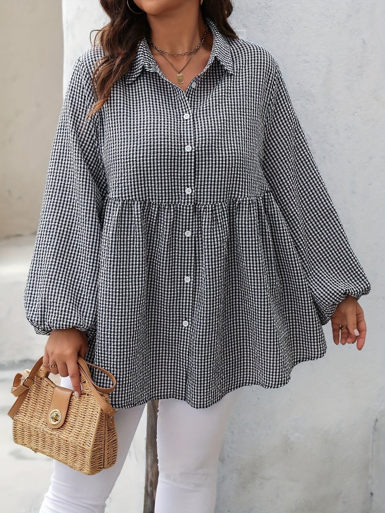 Plus Size Gingham Check Blouse For Women Linen Lantern Sleeve Loose Fit