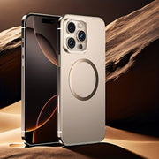 iPhone 16 Pro Max Case Stainless Steel Frame Magnetic Wireless Charging Frosted PC Back Cover