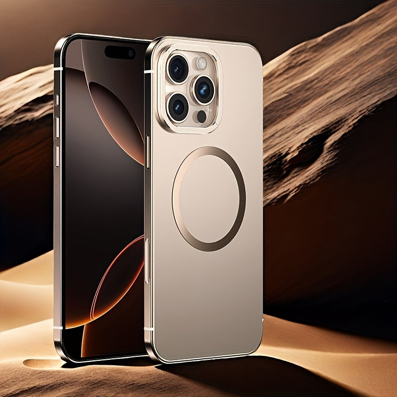 Чехол для iPhone 16 Pro Max с каркасом из нержавеющей стали, магнитной беспроводной зарядкой, матовой задней панелью из PC