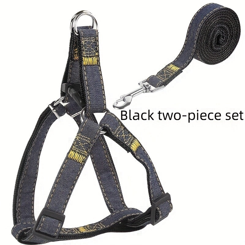 Adjustable Denim Dog Harness and Leash Set for Small to Large Breeds Polyester