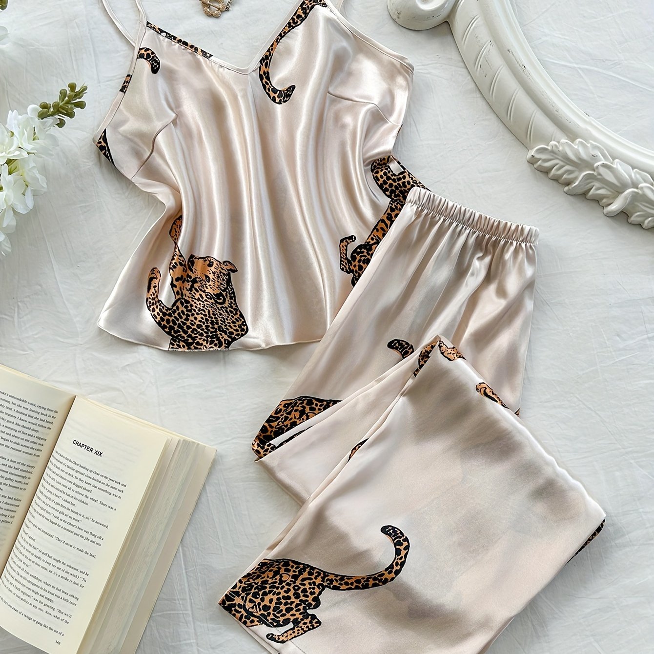 Leopard Print V-Neck Suspender Pajama Set for Adults