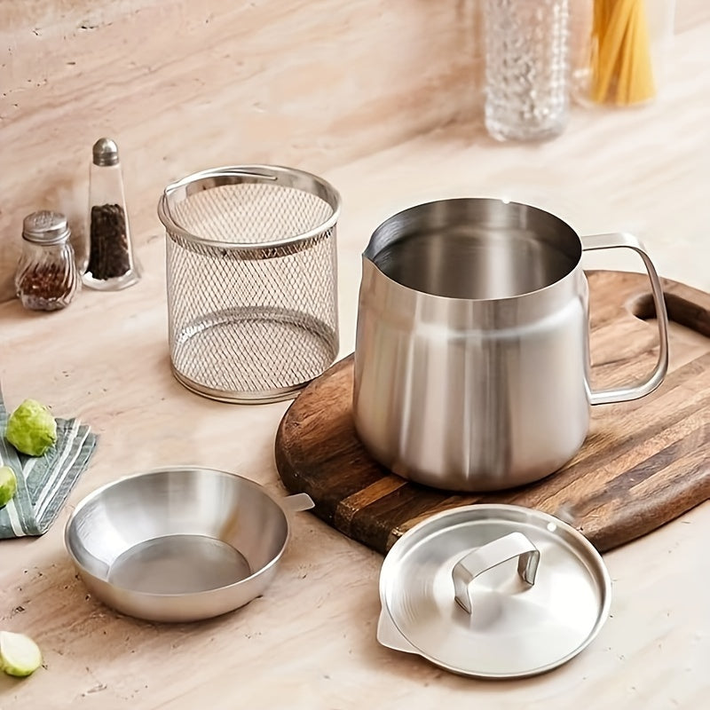 Katta Hajmli Yog' Filtrli Qozon To'plami, Chang Qopqog'i va Nozik Tarmoq Filtri bilan - 3 Dona 304 Noxud Po'latdan - Oshxona Yog' Saqlagichi, Yog' Filtrlash, Saqlash va Qayta Foydalanish uchun Oqim Tarmog'i - Elektr energiyasi talab qilinmaydi