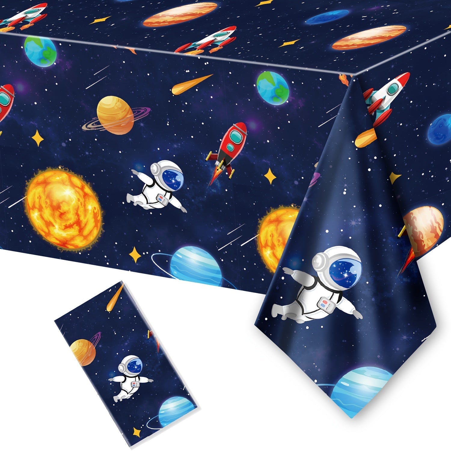 Kosmonavt va sayyoralar dizayni bilan bir marta ishlatiladigan stol qopqog'i, kosmik mavzuli partiyalar uchun ideal. To'rtburchaklar shakli bilan plastmassadan tayyorlangan.