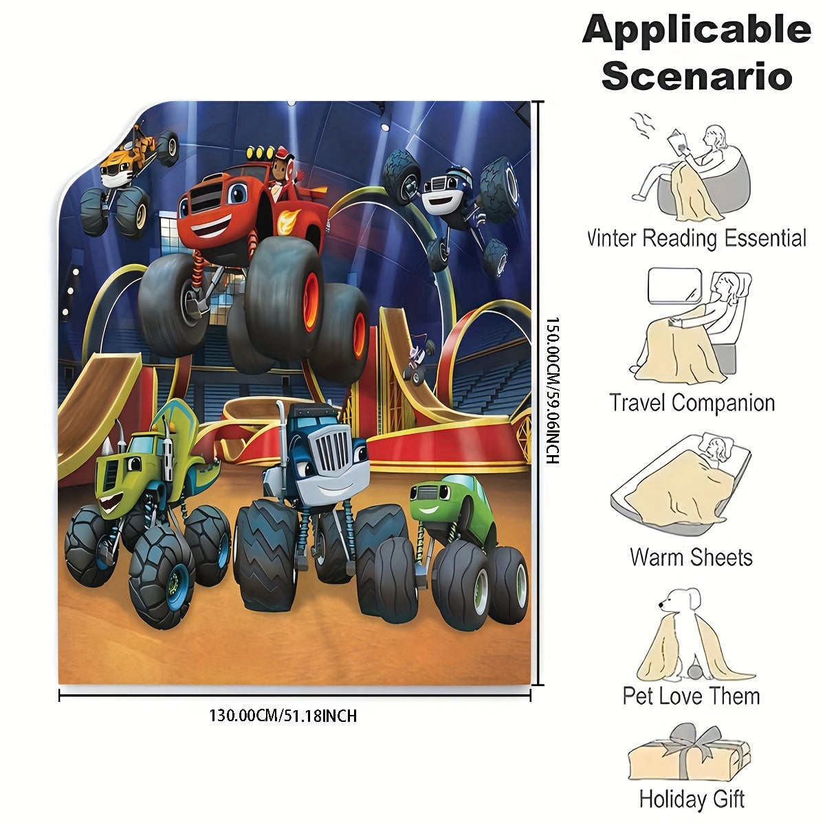 Monster Truck Flannel Fleece Throw Blanket Cartoon Design Hypoallergenic Easy to Clean Versatile Bedding