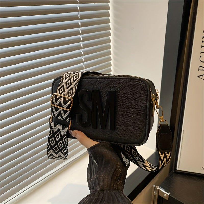 PU Crossbody Bag with Adjustable Wide Strap Zigzag Pattern in White Black Pink Light Brown