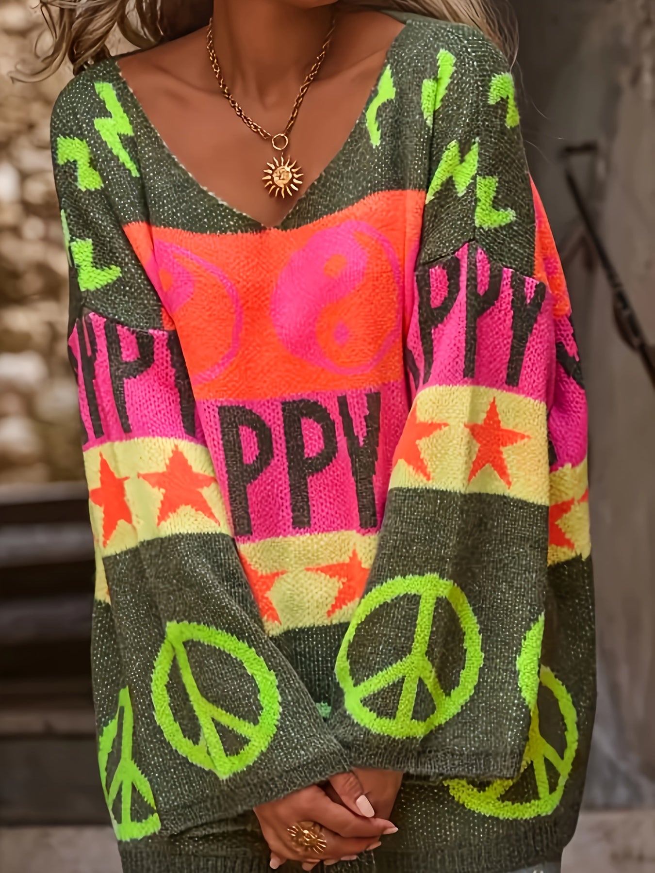 Women’s Plus Size V-Neck Sweater with Peace Sign and Star Print Green Orange