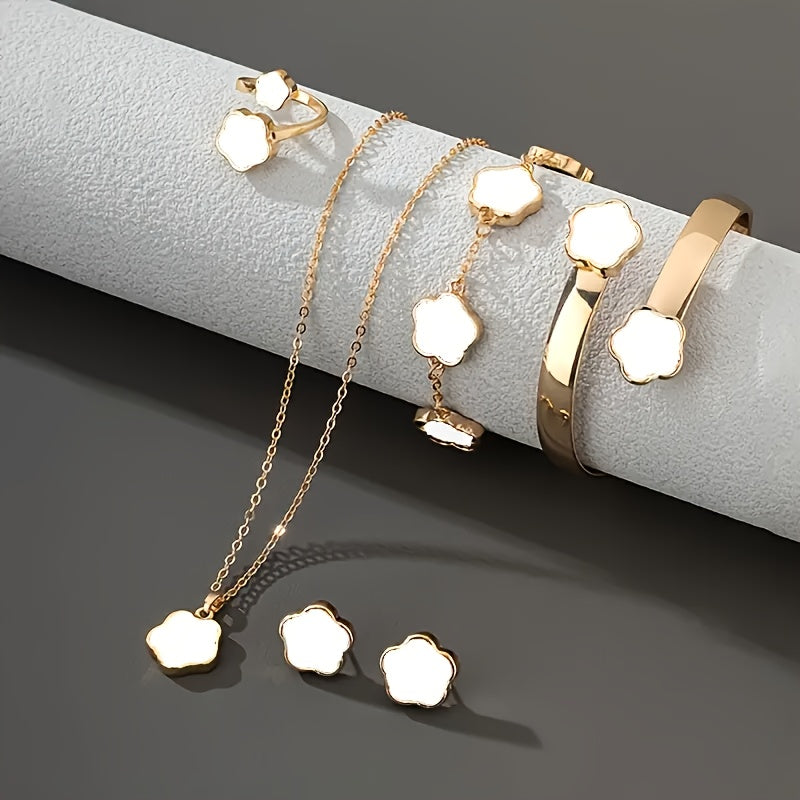 Set of 5 Gold-Tone Flower Jewelry for Women with Black Floral Design for Weddings and Gifts