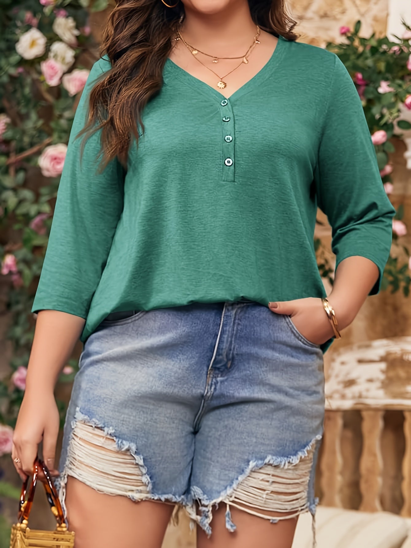 Women's Plus Size V-Neck Tunic Top 3/4 Sleeve Button Front Casual Breathable