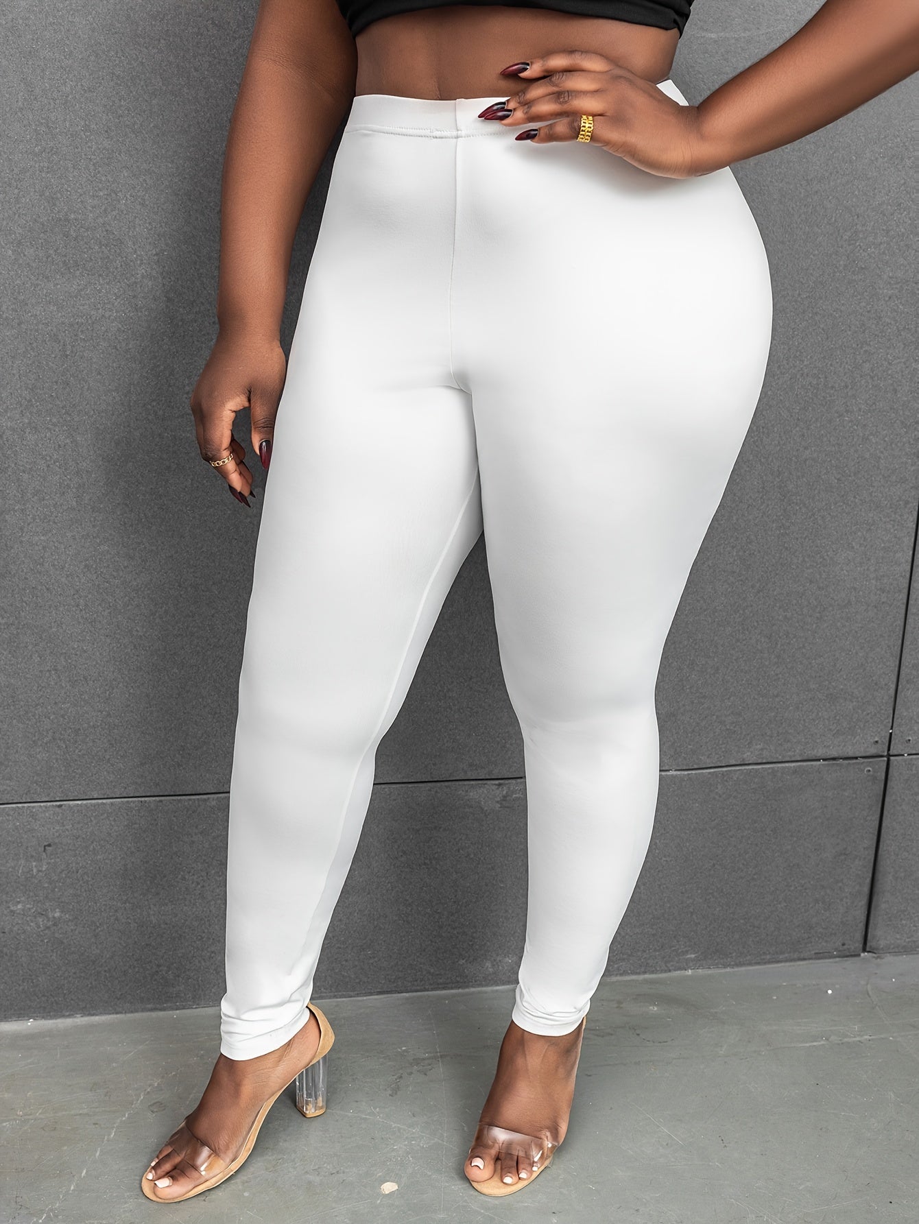 Plus Size High-Waisted Leggings Solid Color Non-See-Through Polyester Women