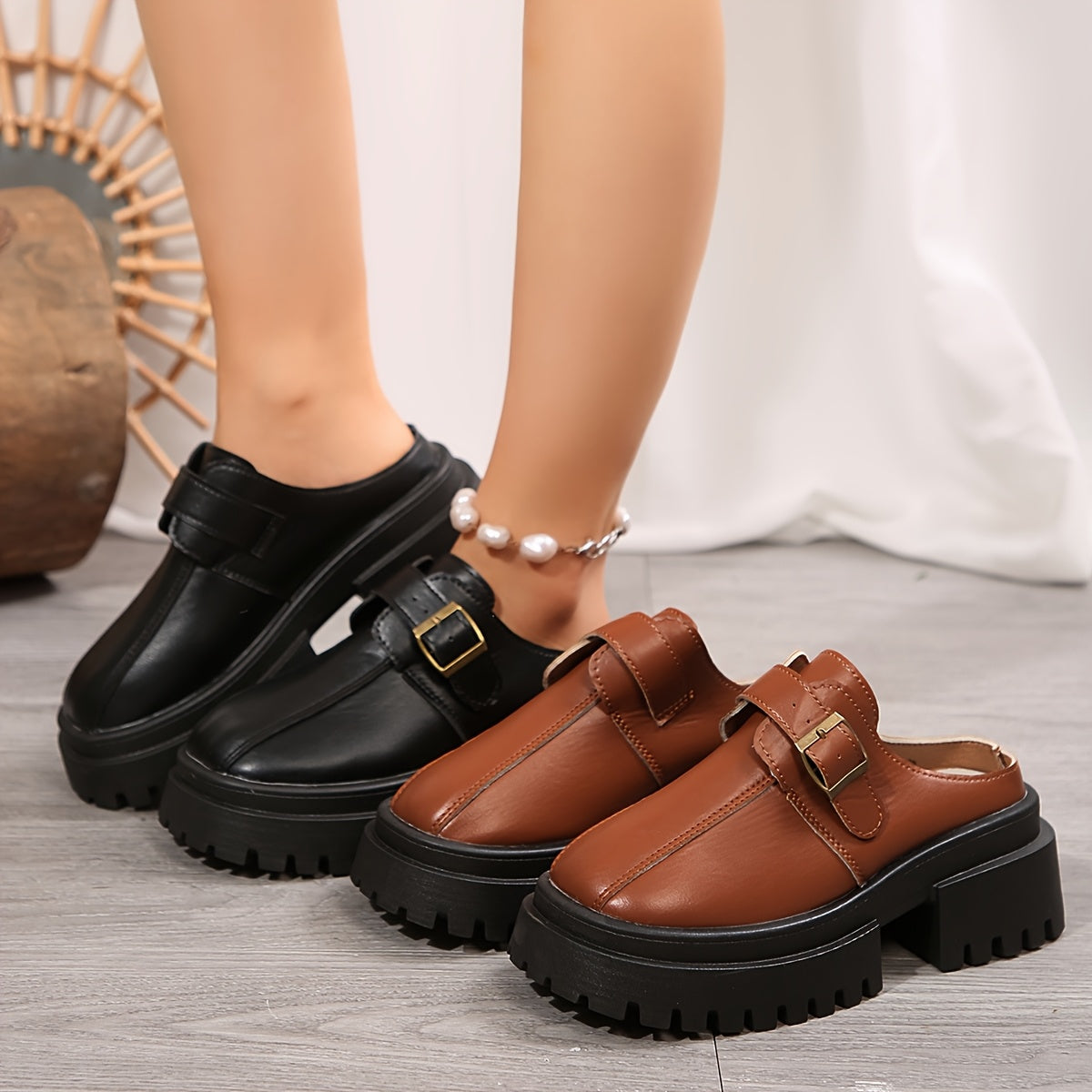 Women's Mules Solid Color Slip-On Loafers Water-Resistant Platform Heels