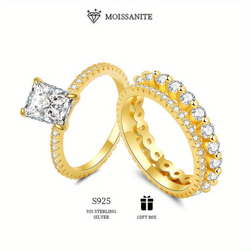 Women's 3-Piece Beaded Stacking Rings with 2ct and 3ct Rectangular Moissanite Sterling Silver