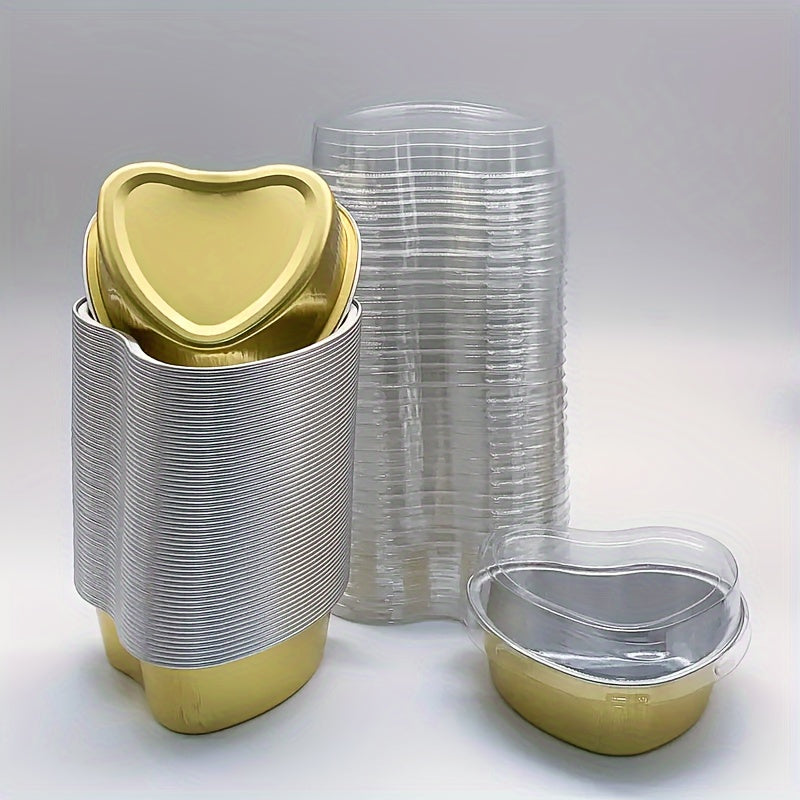 50 Heart-Shaped Aluminum Foil Cake Cups with Lids for Valentine's Day Weddings and Birthdays