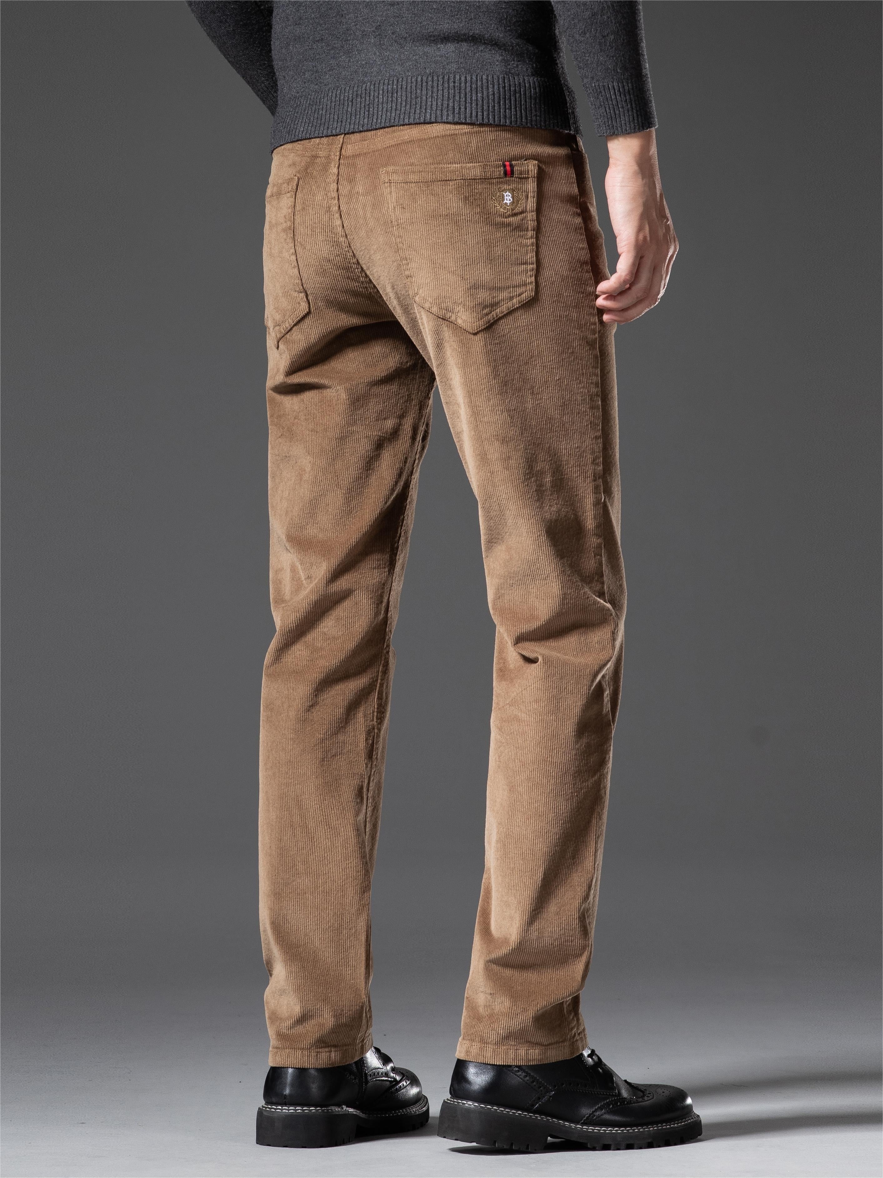 Pantalones de pana de corte ajustado para hombre, otoño e invierno, color sólido, mezcla de algodón, bordado