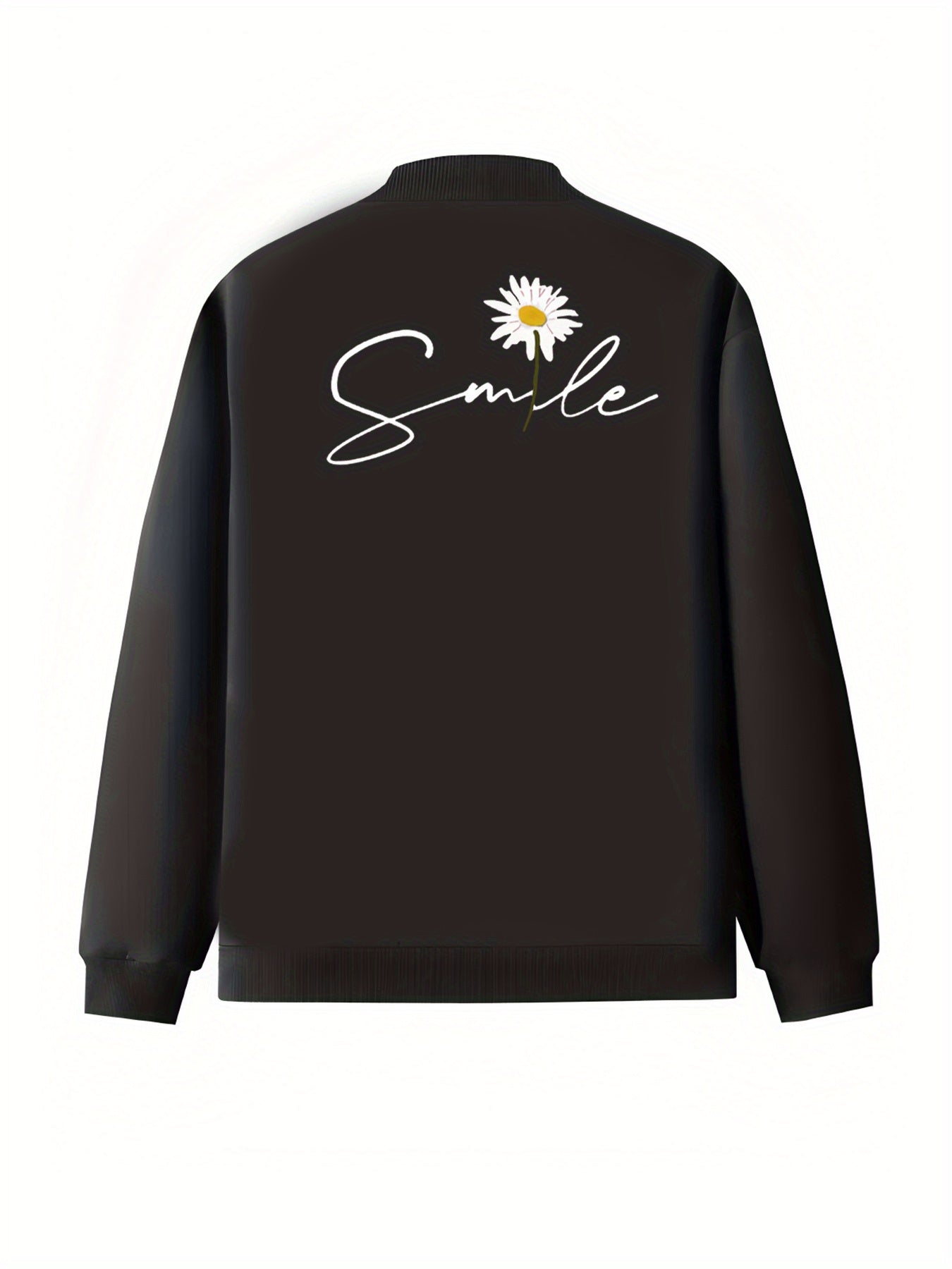 Women's Plus Size Black Casual Zip-Up Jacket with Daisy Print