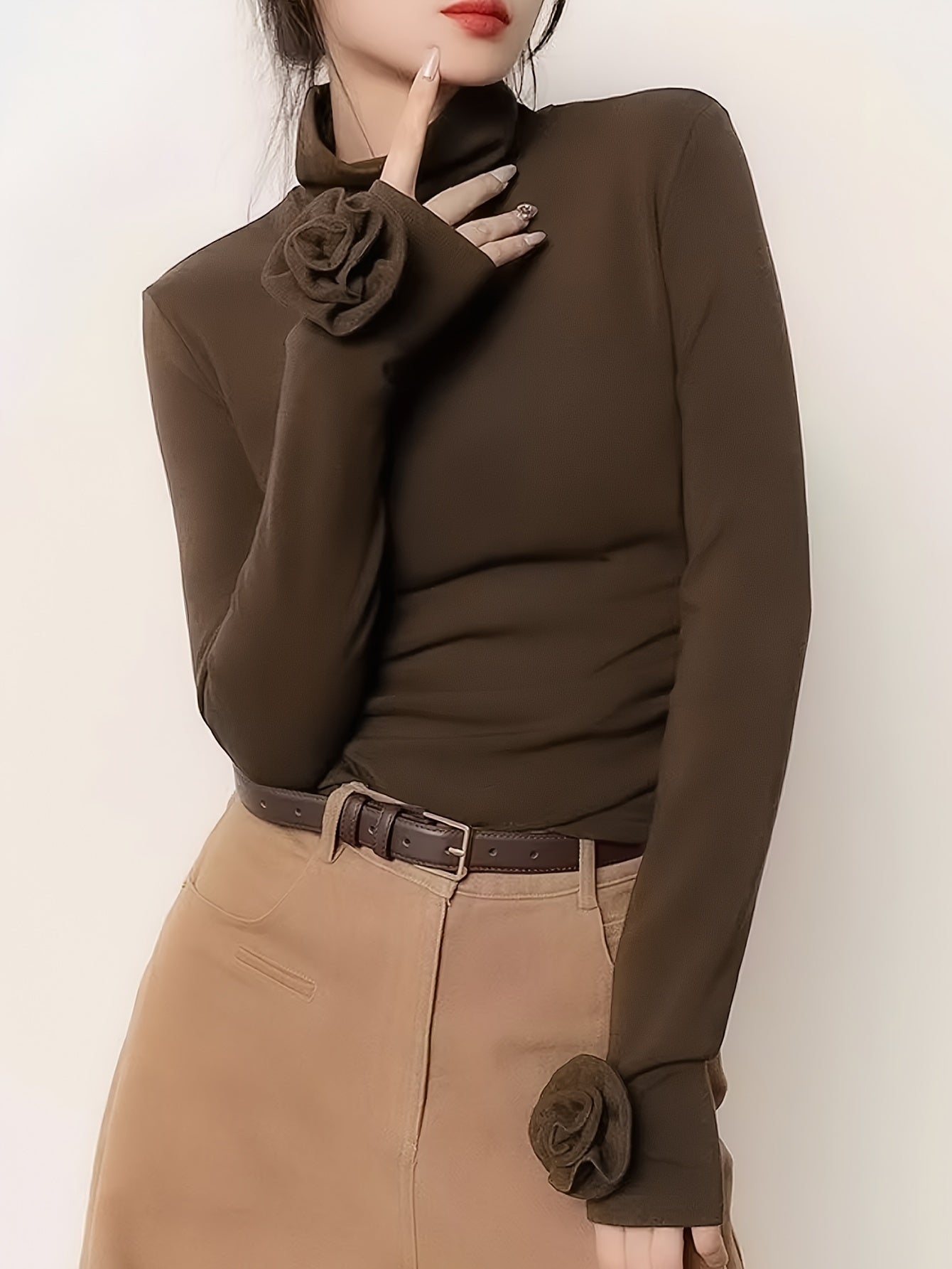 Women's High-Neck T-Shirt with 3D Floral Embellishments Polyester Knit Long Sleeve Solid Color Regular Fit