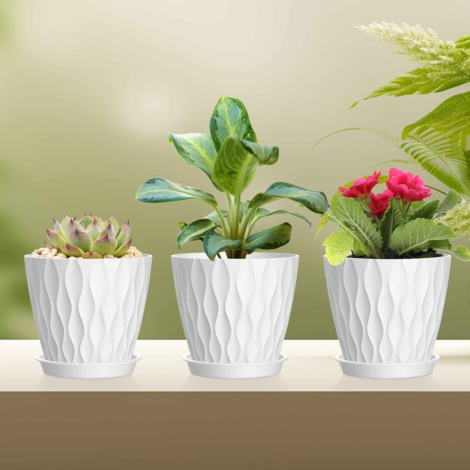 Set of 5 Boho Striped Plastic Flower Pots with Saucers 6-Inch Round Indoor Outdoor