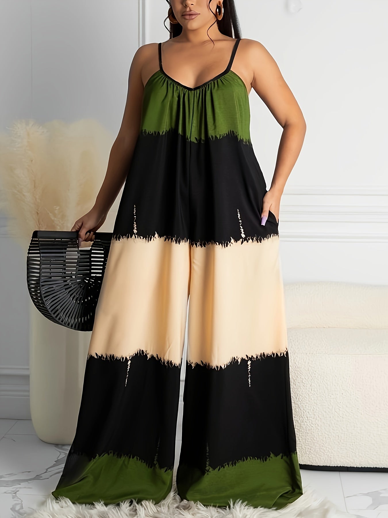 Plus Size Color Block Cami Wide Leg Jumpsuit Casual V Neck Sleeveless