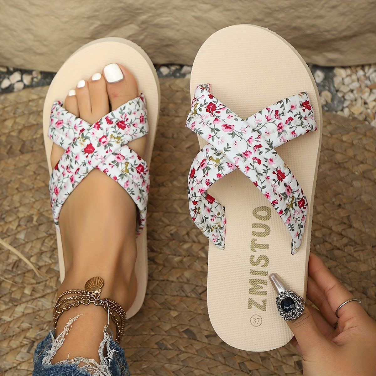 Women's Bohemian Flat Slip-On Sandals with Cross Straps Floral Print